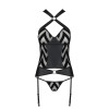 Сітчастий комплект із візерунком Hima Corset black L/XL - Passion, корсет з халтером, підв'язки, тру
