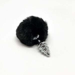 Металева анальна пробка Кролячий хвостик Alive Fluffy Twist Plug S Black, діаметр 2,9 см. Photo 2