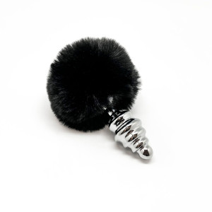 Металева анальна пробка Кролячий хвостик Alive Fluffy Twist Plug M Black, діаметр 3,4 см. Photo 2