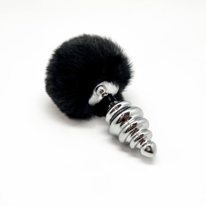 Металлическая анальная пробка Кроличий хвостик Alive Fluffy Twist Plug L Black, диаметр 3,8 см. Photo 2