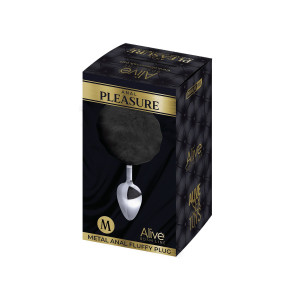 Металева анальна пробка Кролячий хвостик Alive Fluffy Plug M Black, діаметр 3,4 см. Photo 2