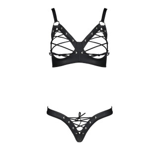 Комплект з екошкіри Celine Bikini black L/XL — Passion: відкритий бра зі стрічками, стрінги зі шнурі. Photo 3