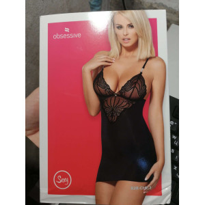 Сатиновий комплект для сну з мереживом Obsessive 828-CHE-1 chemise & thong S/M  (м'ята упаковка!!!). Photo 2