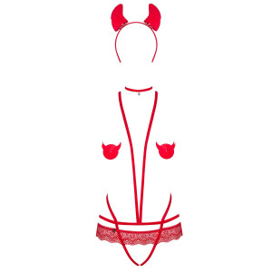 Еротичний костюм чортика зі стреп Obsessive Evilia teddy red S/M, боді, чокер, накладки на соски, об. Photo 3