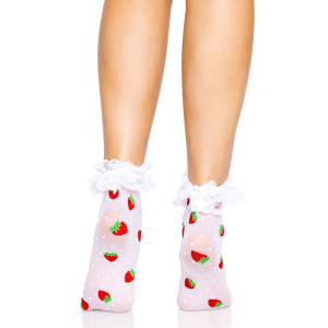 Носки женские с клубничным принтом Leg Avenue Strawberry ruffle top anklets One size, кружевные манж. Photo 3