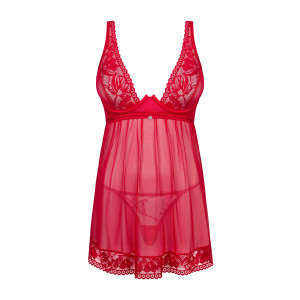 Прозрачная сорочка бэби-долл Obsessive Lacelove babydoll & thong XS/S Red, кружево, стринги. Photo 3