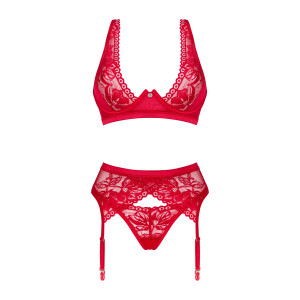 Комплект білизни Obsessive Lacelove cupless 3-pcs set XL/2XL Red, бюстгальтер, стрінги, пояс для пан. Photo 3