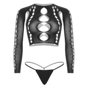 Комплект Leg Avenue Long sleeve crop top & string Black One Size. Photo 3