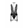 Боді Noir Handmade F297 Libido Deep-V bodysuit with collar, pearl chain and garter - XL