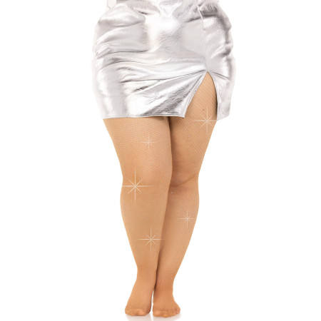 Колготки Leg Avenue Rhinestone micro net tights Plus size Caramel, дрібна сітка, стрази