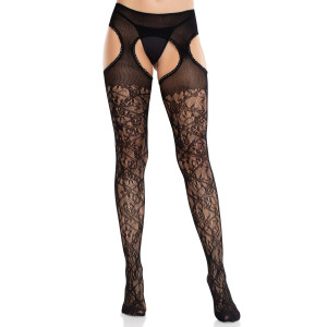 Колготки Leg Avenue Cross Hatch Floral Lace Suspender Hose One Size. Photo 2