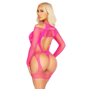 Бодістокінг Leg Avenue Fishnet Garter Harness and Teddy One Size Neon Pink. Photo 2